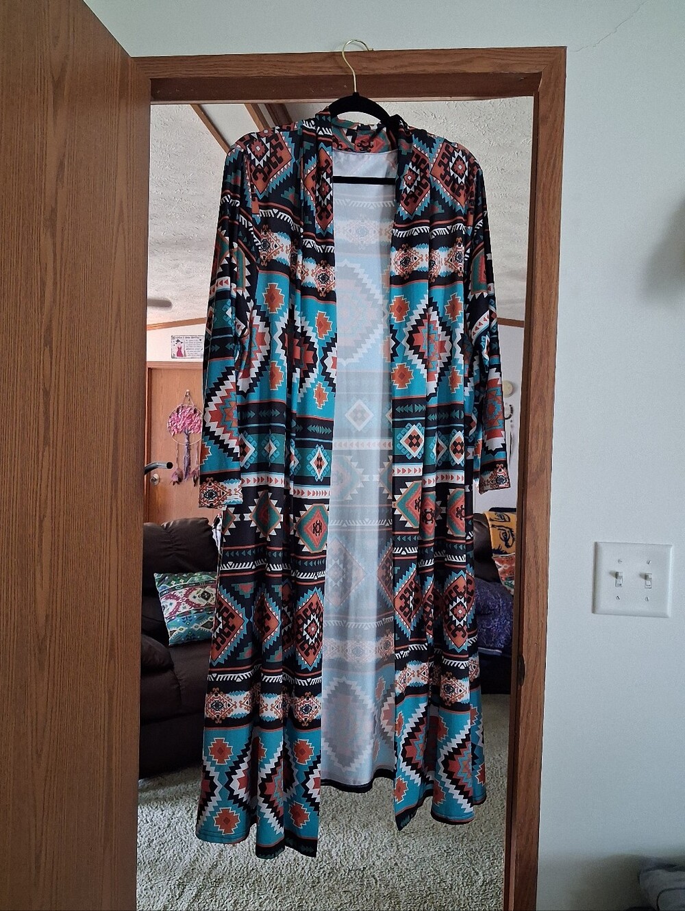 Lily Aztec-Print Open Front Cardigan - Teal & Rust